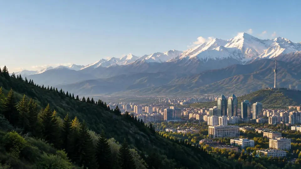 Almaty city beneath the Tian Shan mountains.