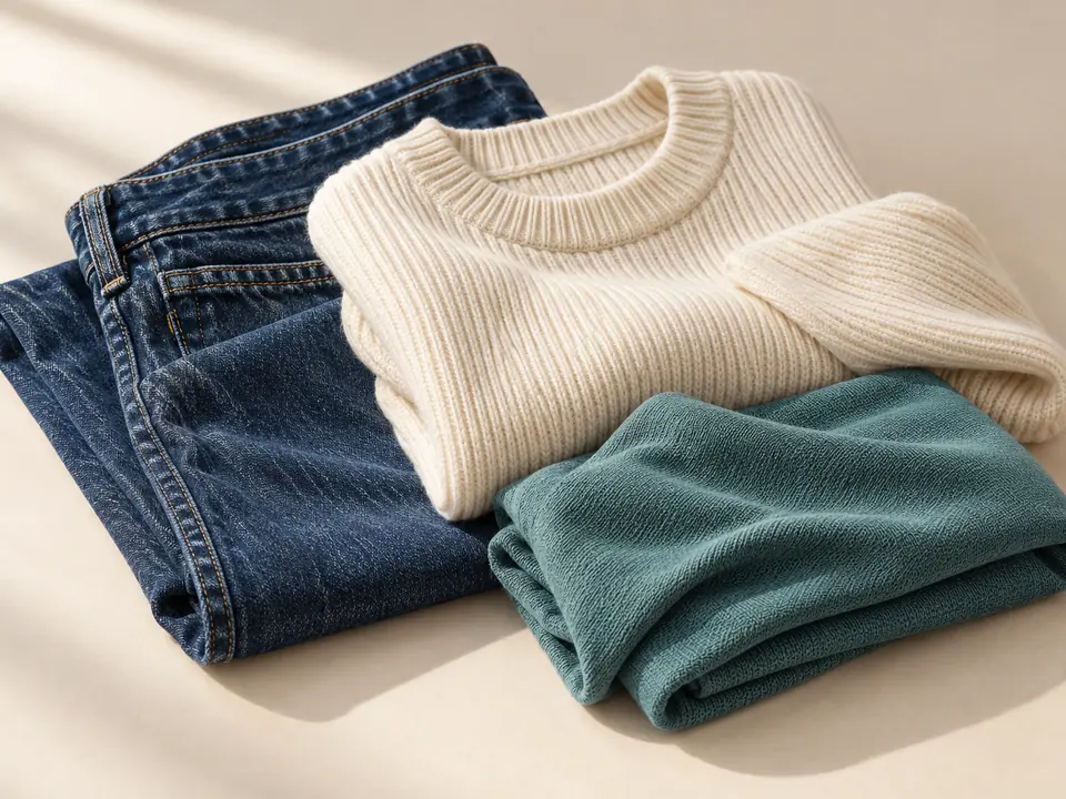 Indigo denim, cream sweater and teal knit fabric with visible textile textures.