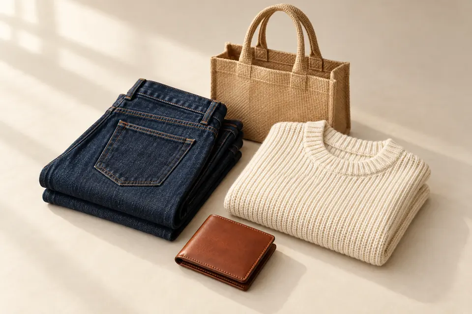 Folded denim and knitwear beside a leather wallet and a natural jute tote.