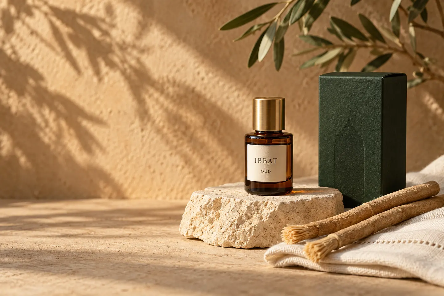 Illustrative oud and miswak with warm stone and natural linen
