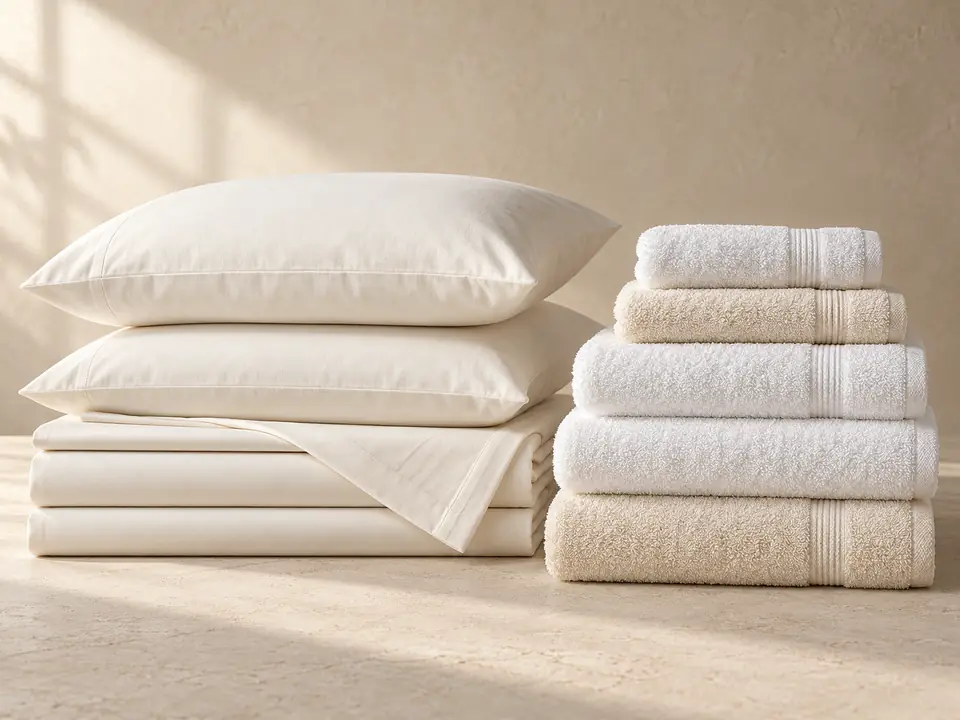 Folded ivory bed linen and pillowcases beside white and cream towels.