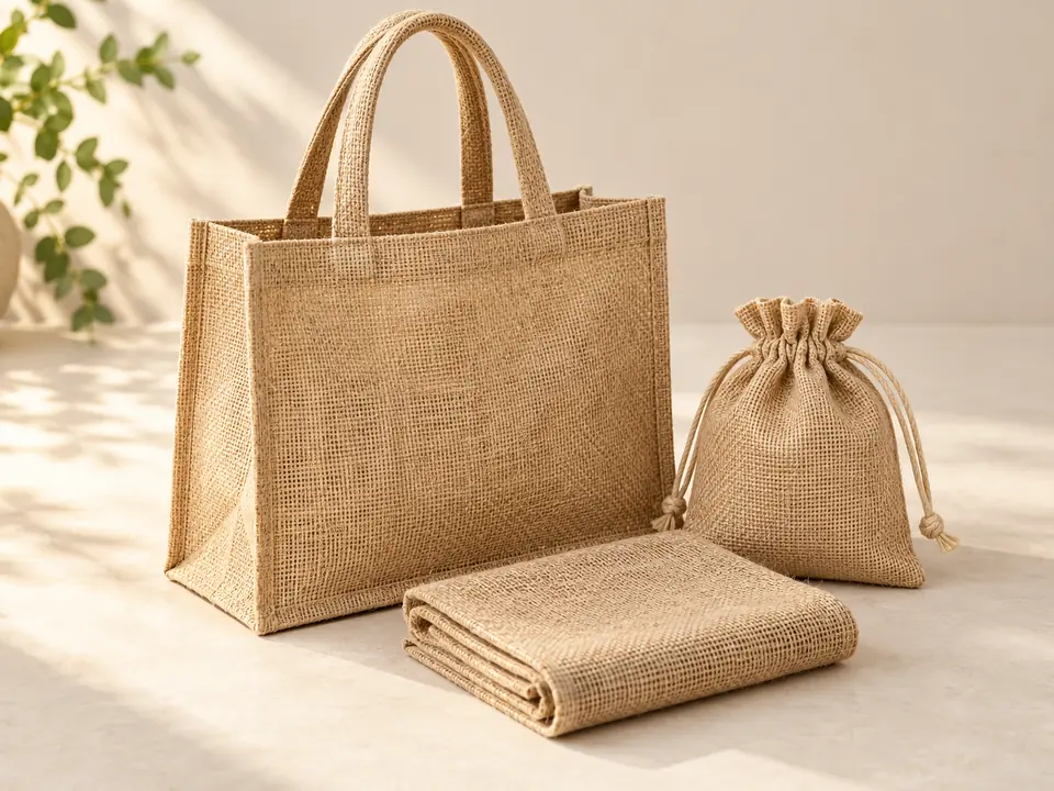 Natural jute tote, packaging pouch and folded woven fabric.