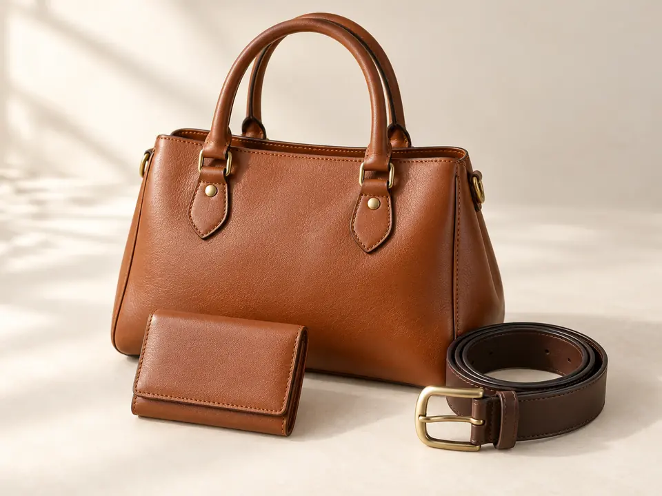 Cognac leather bag, wallet and rolled belt on a warm ivory surface.